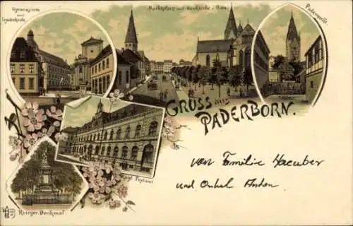 Litho Paderborn in Westfalen, Gymnasium, Paderquelle, Marktplatz, Dom, Kriegerdenkmal, Postamt