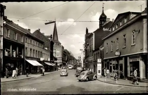 Ak Hilden im Rheinland, Mittelstraße, Geschäfte, Uhr, Turm