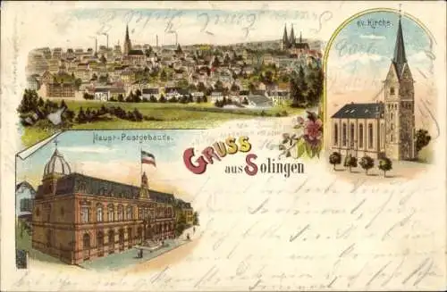 Litho Solingen im Bergischen Land, Hauptpost, evangelische Kirche, Gesamtansicht