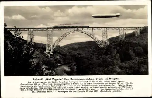 Ak Solingen Nordrhein Westfalen, Müngstener Brücke, Luftschiff Graf Zeppelin