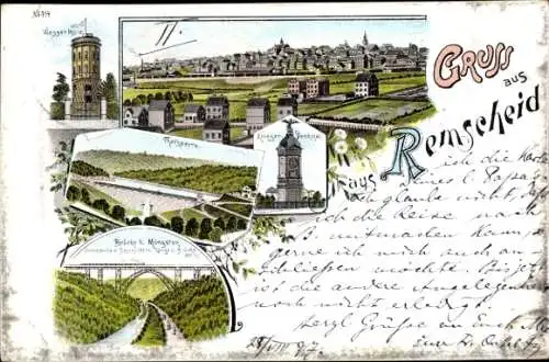 Litho Remscheid im Bergischen Land, Eschbachtalsperre, Wasserturm, Brücke, Kriegerdenkmal