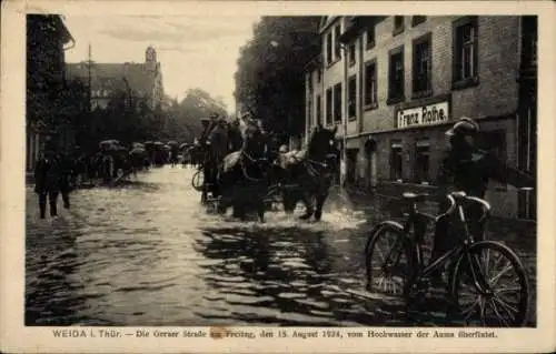 Ak Weida in Thüringen, Geraer Straße, Hochwasser 1924, Geschäftshaus Franz Rothe, Fahrrad