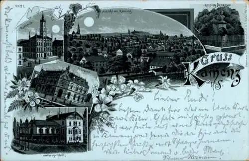 Mondschein Litho Kamenz in Sachsen, Gesamtansicht, Rathaus, Lessing-Denkmal, Hutberg-Hotel, Postamt