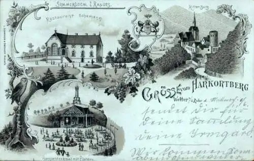 Mondschein Litho Wetter an der Ruhr, Harkortberg, Restaurant Schemahn, Harkortdenkmal, Ritterburg