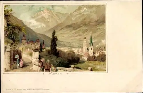 Litho Meran Merano Südtirol, Panorama vom Ort