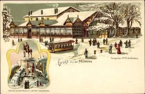 Litho Duisburg im Ruhrgebiet, Monning, Gastwirtschaft, Straßenbahn, Kaiserberg, Denkmal