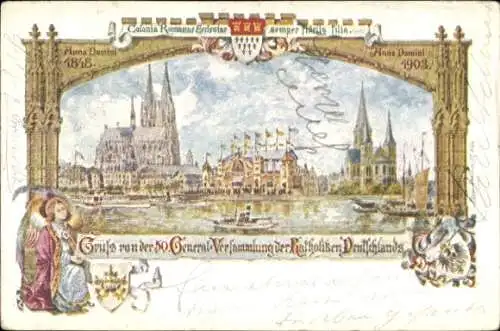 Ak Köln am Rhein, 50. Generalversammlung der Katholiken Deutschlands, Uferpartie, Festhalle, Kirche