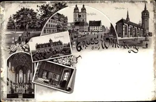 Litho Lutherstadt Wittenberg, Marktplatz, Schlosskirche mit Innenansicht, Lutherhaus, Lutherstube