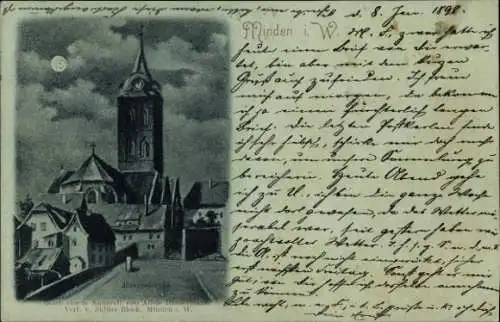 Mondschein Litho Minden in Westfalen, Marienkirche bei Nacht