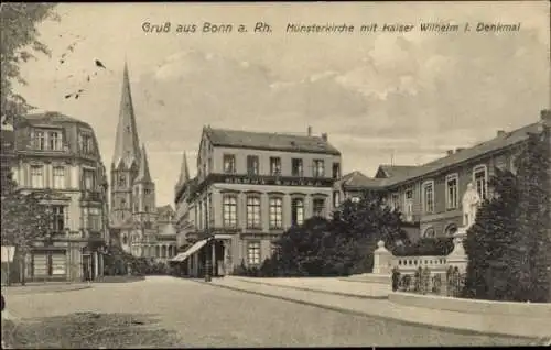 Ak Bonn am Rhein, Münsterkirche mit Kaiser Wilhelm I. Denkmal