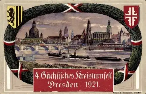 Passepartout Wappen Ak Dresden, 4. Sächsisches Kreisturnfest 1921, Friedrich August Brücke