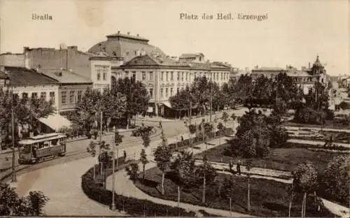 Ak Braila Rumänien, Platz des Heiligen Erzengels, Straßenbahn