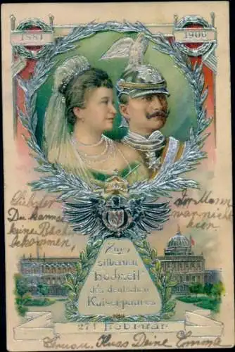 Präge Litho Kaiser Wilhelm II., Kaiserin Auguste Viktoria, Silberhochzeit 1906