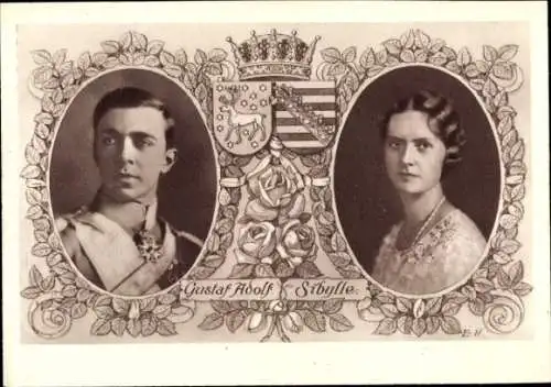 Ak Gustaf Adolf von Schweden, Sibylle, Sibylla von Sachsen Coburg Altenburg, Portraits, Wappen