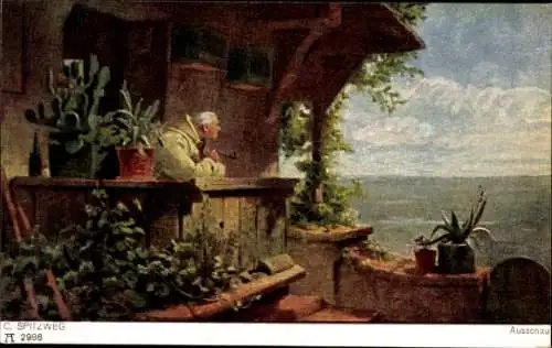 Künstler Ak Spitzweg, C., Ausschau, Mann mit Pfeife, Terrasse