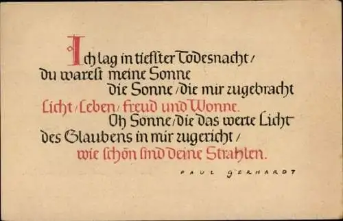 Ak Zitat von Paul Gerhardt, Ich lag in tiefster Todesnacht, du warest meine Sonne...