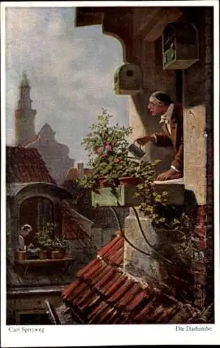 Künstler Ak Spitzweg, C., Dachstube, Mann gießt Blumen