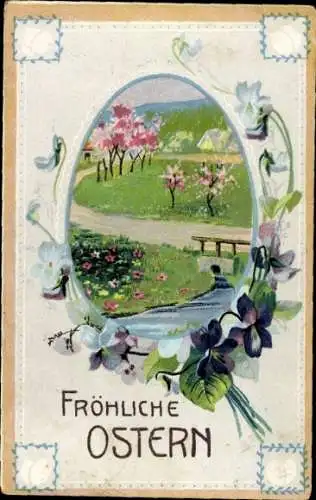 Passepartout Ak Glückwunsch Ostern, Blumen, Veilchen, Fluss