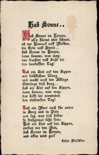 Ak Gedicht von C. Flaischlen, Hab Sonne im Herzen, ob's stürmt oder schneit