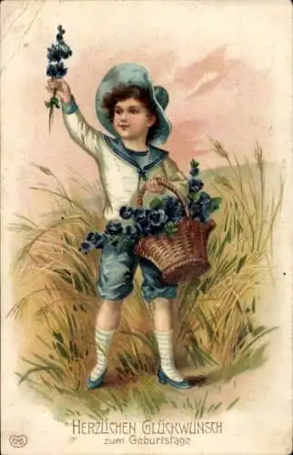 Präge Litho Glückwunsch Geburtstag, Junge mit Blumenkorb