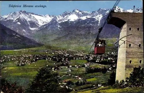 Ak Meran Südtirol, Blick über die Stadt mit Seilbahn, Teleferica Merano avelengo