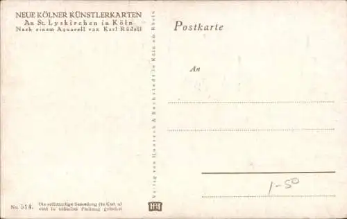 Künstler Ak Rüdell, Karl, Köln am Rhein, An St. Lyskirchen, Turm, Boote