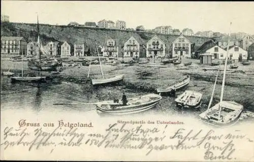 Ak Nordseeinsel Helgoland, Unterland, Strand, Boote