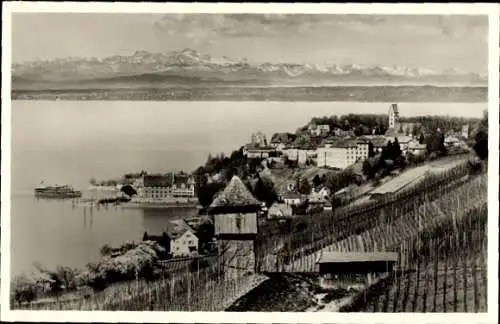 Ak Meersburg am Bodensee, Gesamtansicht mit Alpenpanorama