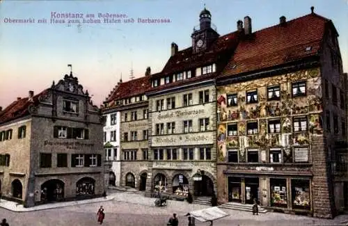 Ak Konstanz Bodensee, Obermarkt mit Haus zum hohen Hafen und Barbarossa