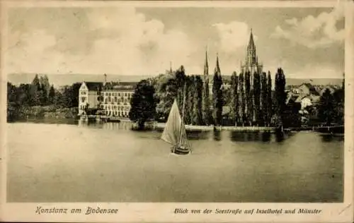 Ak Konstanz Bodensee, Blick von der Seestraße, Inselhotel, Münster, Segelboot