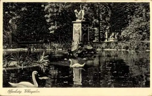 Ak Offenburg in Baden Schwarzwald, Volksgarten, Statue, Schwan