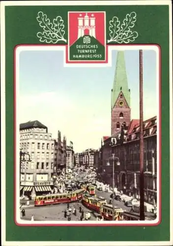 Ak Hamburg Mitte Altstadt, Deutsches Turnfest 1953, Verkehr am Rathaus, Straßenbahnen