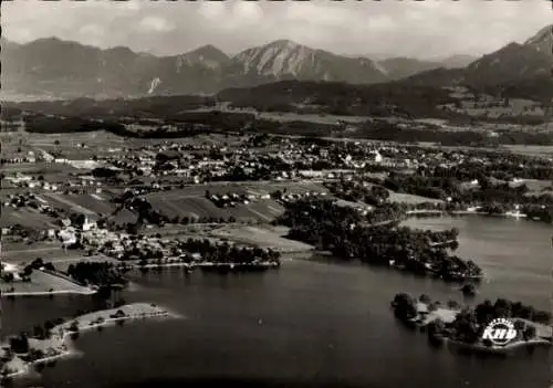 Ak Murnau am Staffelsee, Panorama mit Halbinsel Burg, Campingplatz