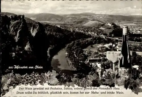 Ak Bad Münster am Stein Bad Kreuznach an der Nahe, Panorama, Weinflasche, Weinglas, Spruch