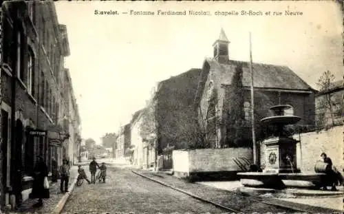 Ak Stavelot Wallonien Lüttich, Fontaine Ferdinand Nicolaij, chapelle St-Roch et rue Neuve