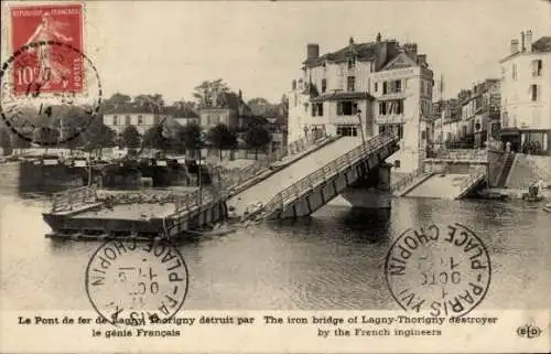 Ak Lagny Thorigny Seine et Marne. Die Eiserne Brücke, Zerstörte Brücke, Ruinen