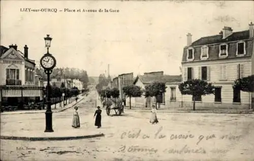 Ak Lizy sur Ourcq Seine et Marne, Place und Avenue de la Gare