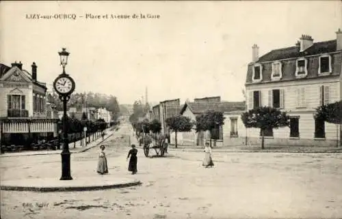 Ak Lizy sur Ourcq Seine et Marne, Place und Avenue de la Gare