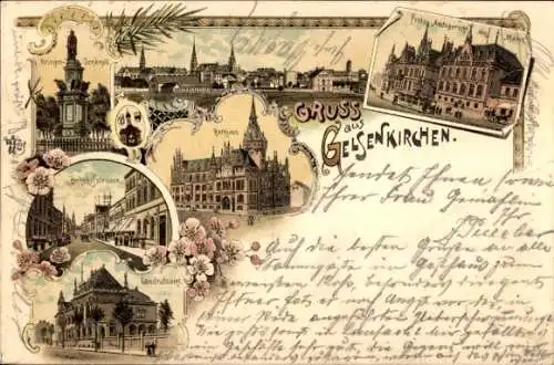 Litho Gelsenkirchen im Ruhrgebiet, Kriegerdenkmal, Rathaus, Bahnhofstraße, Landratsamt