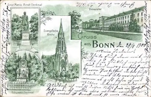 Litho Bonn am Rhein, Universität, evangelische Kirche, Schumann-Denkmal, Ernst Moritz Arndt Denkmal