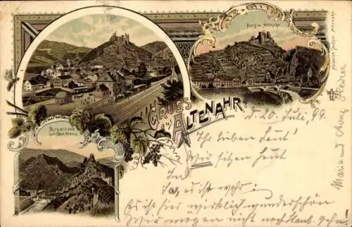 Litho Altenahr im Ahrtal, Burg, Gesamtansicht, Bahnhof