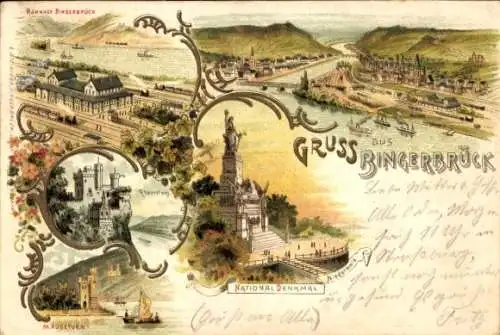 Litho Bingerbrück Bingen am Rhein, Panorama, Bahnhof, Rheinstein, Mäuseturm, Nationaldenkmal