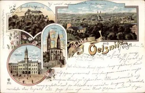 Litho Oelsnitz im Vogtland, Vogtsberg, Rathaus, Kirche, Panorama