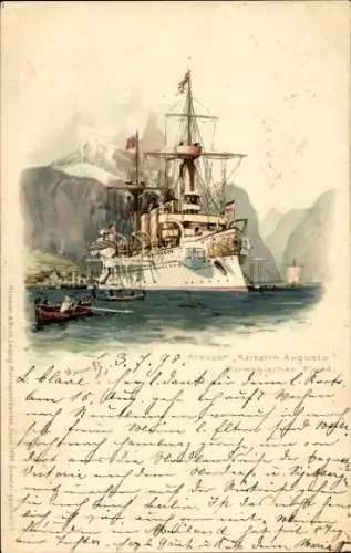 Künstler Litho Bohrdt, Hans, Deutsches Kriegsschiff, Kreuzer Kaiserin Augusta, Norwegischer Fjord