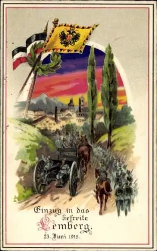 Halt gegen das Licht Litho Lwiw Lwów Lemberg Ukraine, Einzug in die befreite Stadt, Soldaten, I. WK