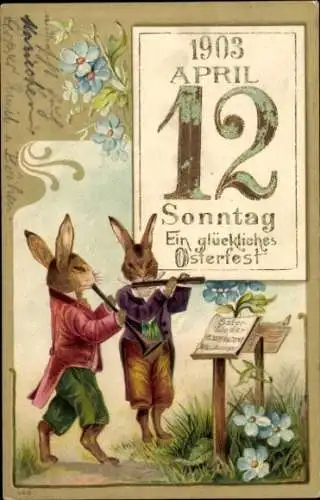 Präge Litho Glückwunsch Ostern, Musizierende Hasen, Kalender, 12 April 1903