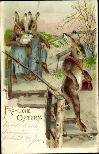 Litho Glückwunsch Ostern, Vermenschlichte Hasen