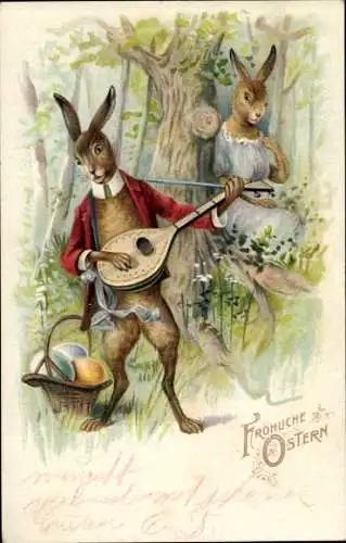 Litho Glückwunsch Ostern, Vermenschlichte Osterhasen, Laute, Ostereier