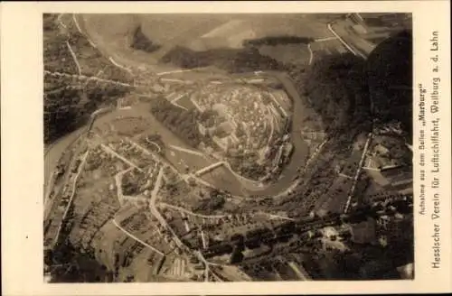 Ak Weilburg im Lahntal,, Fliegeraufnahme vom Ort aus dem Ballon Marburg