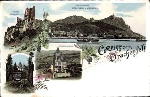 Litho Königswinter am Rhein, Drachenfels, Drachenburg, Ruine